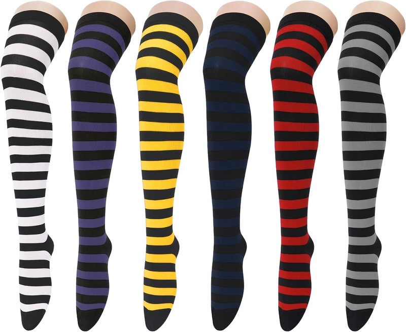 Zando Women's 6-Pack Cotton Thigh High Over Knee Socks - Striped Boot Socks & Leg Warmers for Daily, Sports, Cosplay - Image 1